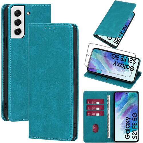 JGD-Coque Cuir pour Samsung Galaxy S21 FE 5G avec 1 Verre Trempé Etui à Rabat en PU Porte-Cartes Portefeuille Support Flip Housse Magnétique Antichoc Anti-Rayures Case 6.4"",Bleu Clair