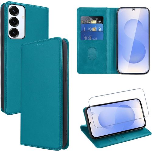 Kal-Coque Cuir Pour Samsung Galaxy S25 Plus 6.7"" Avec 1 Verre Trempé Etui À Rabat En Pu Porte-Cartes Portefeuille Support Flip Housse Magnétique Antichoc Anti-Rayures Case,Bleu Clair