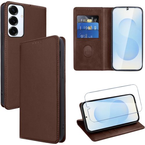 Coque Portefeuille En Cuir Pu Pour Samsung Galaxy S25 6,2"" - Étui À Rabat Avec Verre Trempé Inclus, Porte-Cartes, Support Multi-Angle, Magnétique, Antichoc Et Anti-Rayures - Marron