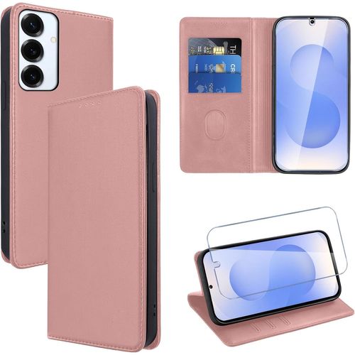 Kal-Coque Cuir Pour Samsung Galaxy S25 Plus 6.7"" Avec 1 Verre Trempé Etui À Rabat En Pu Porte-Cartes Portefeuille Support Flip Housse Magnétique Antichoc Anti-Rayures Case,Rose-Gold