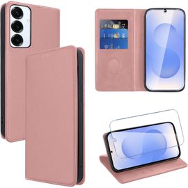 Kal-Coque Cuir Pour Samsung Galaxy S25 Plus 6.7"" Avec 1 Verre Trempé Etui À Rabat En Pu Porte-Cartes Portefeuille Support Flip Housse Magnétique Antichoc Anti-Rayures Case,Rose-Gold