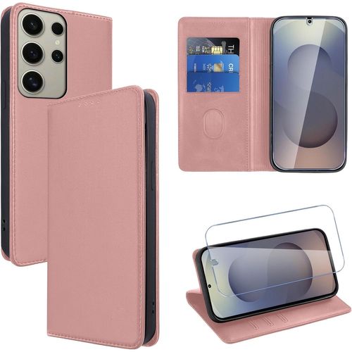 Kal-Coque Cuir Pour Samsung Galaxy S25 Ultra 6.9"" Avec 1 Verre Trempé Etui À Rabat En Pu Porte-Cartes Portefeuille Support Flip Housse Magnétique Antichoc Anti-Rayures Case,Rose-Gold