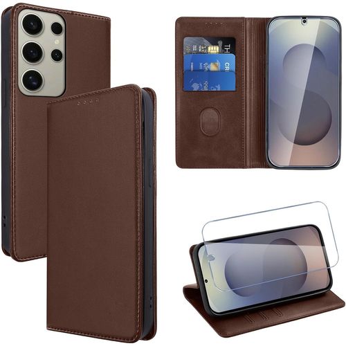 Kal-Coque Cuir Pour Samsung Galaxy S25 Ultra 6.9"" Avec 1 Verre Trempé Etui À Rabat En Pu Porte-Cartes Portefeuille Support Flip Housse Magnétique Antichoc Anti-Rayures Case,Marron
