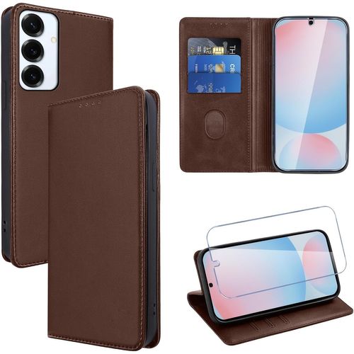 Kal-Coque Cuir Pour Samsung Galaxy S24 Fe 5g Avec 1 Verre Trempé Etui À Rabat En Pu Porte-Cartes Portefeuille Support Flip Housse Magnétique Antichoc Anti-Rayures Case,Marron