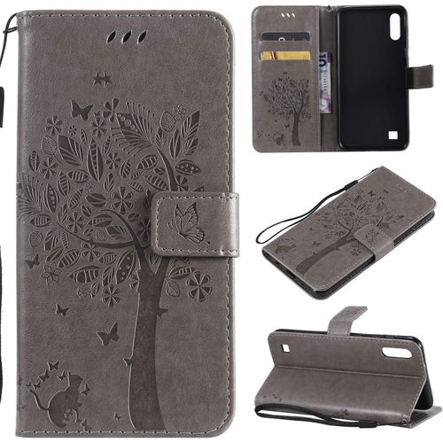 Sjzg-Coque Pour Samsung Galaxy A10/M10, Etui Samsung A10/M10, Antichoc Tpu Housse Cuir Flip Case Portefeuille Etui Rabat [Magnétique] Coque De Protection Fentes Pour Cartes Cover (Gris)