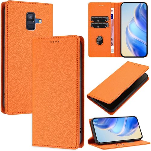 Coque Pour Samsung Galaxy A6 2018, Rfid Blocage Portefeuille Etui À Rabat, Housse En Cuir Pu Pour Samsung A6 2018, Orange