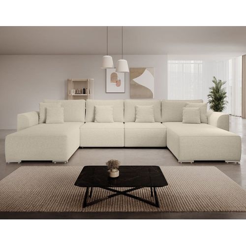 Canapé Panoramique 7 Places En U En Tissu Texturé Beige