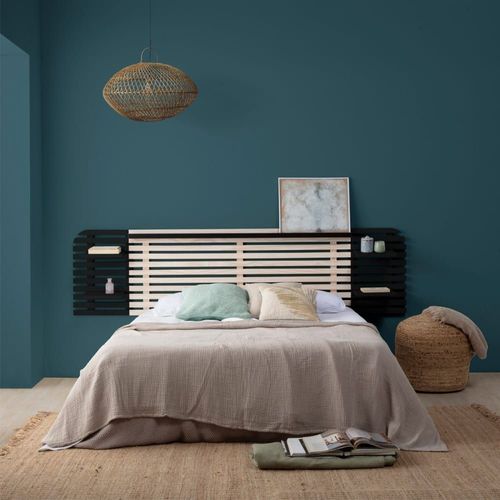 Tête De Lit En Lattes De Bois Blanchi / Noir 240 Cm Chevets Intégrés