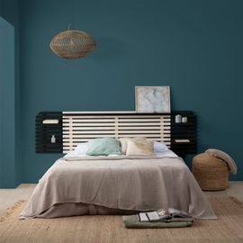 Tête De Lit En Lattes De Bois Blanchi / Noir 240 Cm Chevets Intégrés