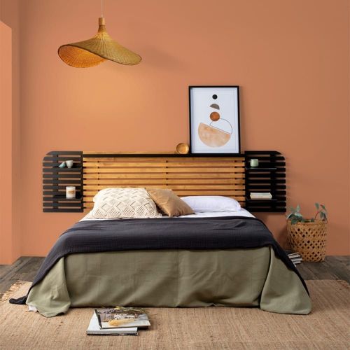 Tête De Lit En Lattes Bois Clair / Noir Avec Chevets Intégrés 240 Cm