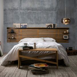 Tête De Lit En Lattes De Bois Clair / Noir 240 Cm Chevets Intégrés