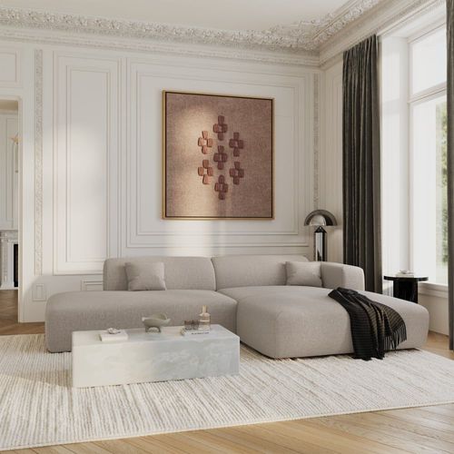 Canapé Angle Droit Ouvert Tissu Tramé Beige 5 Places