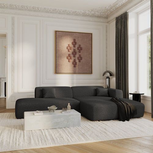 Canapé Angle Droit Ouvert Tissu Bouclette Anthracite Foncé 5 Places