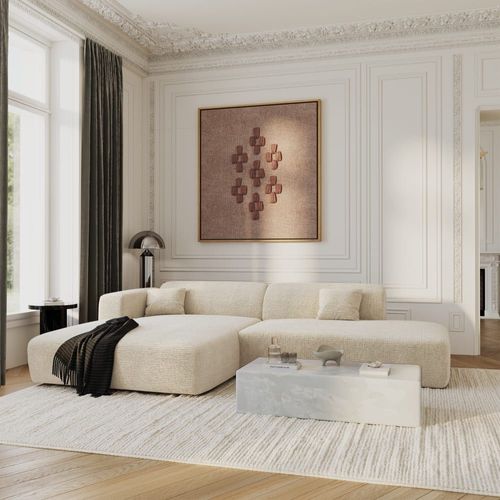 Canapé Angle Gauche Ouvert Velours À Motifs Crème 5 Places