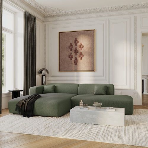 Canapé Angle Gauche Ouvert Tissu Tramé Vert Olive 5 Places
