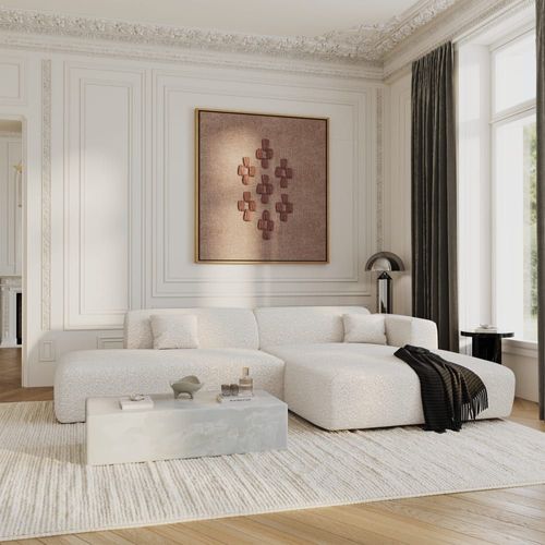 Canapé Angle Droit Ouvert Tissu Bouclette Crème 5 Places