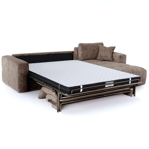 Canapé d'angle droit convertible express 5 places velours gaufré taupe