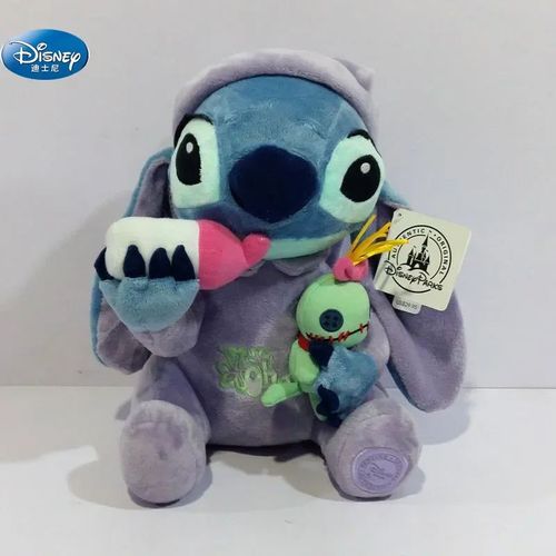 Peluche Stitch pyjama violet avec Scrump et biberon - 35 cm, Disney officiel