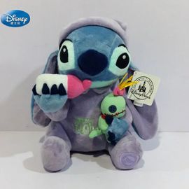 Peluche Stitch pyjama violet avec Scrump et biberon - 35 cm, Disney officiel