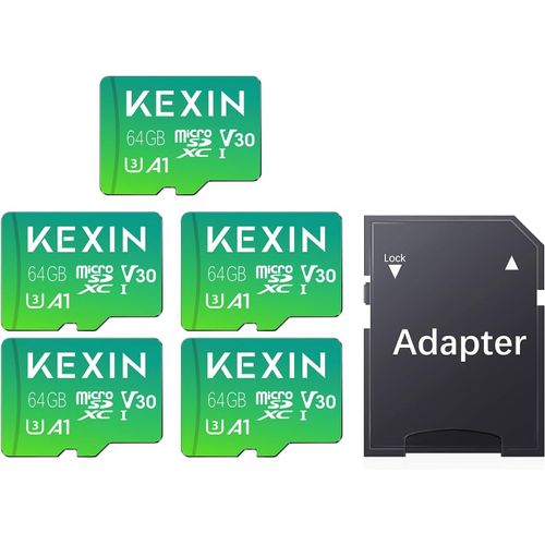 SUBZONAL-KEXIN Carte Micro SD 64 Go Carte Mémoire 5 Pièces 64Go microSDXC Full HD & 4K UHD UHS-I U3 V30 A1 Lot de 5 Micro Cartes SD Stockage Externe pour Smartphone Android, Tablette (Adaptateur SD I