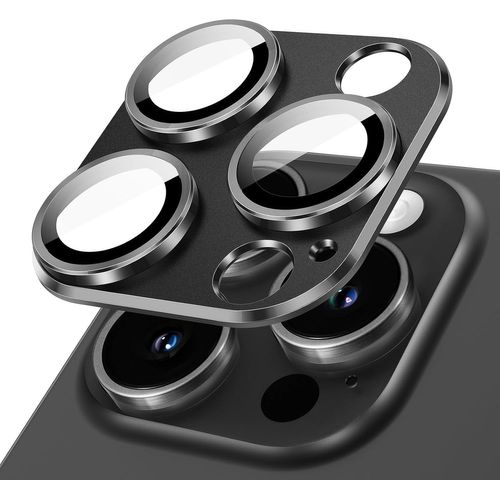 Protection Objectif Caméra Pour Iphone 15 Pro 6,1 Pouces Et Iphone 15 Pro Max 6,7 Pouces, Couverture Complète En Verre Trempé 9h Anneau, Plaque De Métal Mat, Lot De 1 (Noir Sidéral)