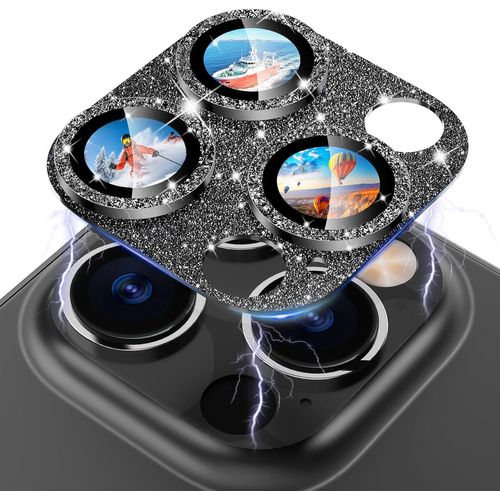KAL-Pour Iphone 14 Pro/Iphone 14 Pro Max Paillettes Caméra Arrière Protecteur, [Conception Tout En Un] 9H Dureté Film De Protection Caméra Lentille, Noir Pailleté