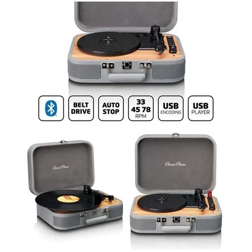 Platine DISQUE Vinyle grise et bois Vintage USB SD Bluetooth 33 45 78 Tours Stéréo RCA Bluetooth lecteur/enregistreur USB