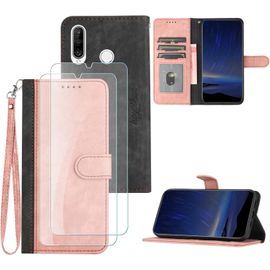 Coque Pour Huawei P30 Lite[2 Pcs Protecteur D'écran],Etui En Cuir Pu Portefeuille Coque Avec Fente Carte,Fonction De Support,Fermeture Magnétique-Rose
