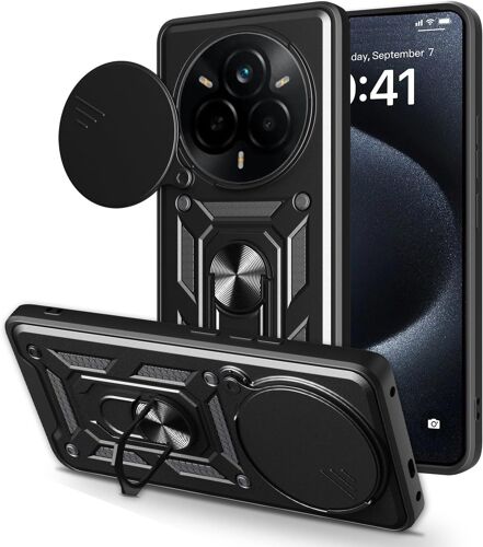 Coque pour Realme 14 Pro 5G (6.77""),Protection de la Caméra Étui avec Lentille Coulissante Couverture et Support à Bague PC Dur et TPU Silicone Antichoc Anti-Rayures-Noir