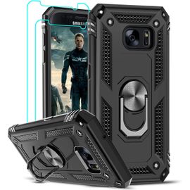 Case For Samsung Galaxy S7 With 2 Tempered Glass, Ring Holder Military Double Layer Defense Bumper Tpu Silicone Shockproof Armor Case Cover For Samsung S7 Black