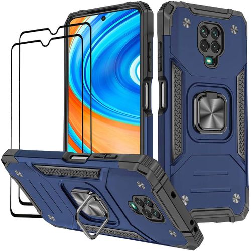 TRAHOO-Coque Compatible pour Xiaomi Redmi Note 9 Pro/Redmi Note 9S, Verre Trempé [2 Pièces] Housse TPU Silicone Rotation 360° Aimant Anneau Support Double Défense Protection Etui - Bleu