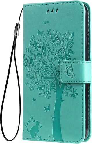 KAL-Coque Pour Honor Magic 7 Pro 5G Etui Portefeuille, Joli Rétro Feuilles Et Chat Embossée Premium Pu Cuir Housse Flip Cover, Étui Antichoc Case, Vert