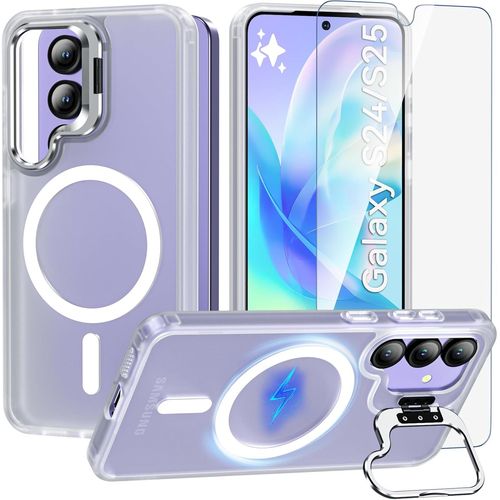 Kal-Coque Pour Samsung Galaxy S24/S25 Avec Béquille Intégrée, Compatible Avec Magsafe, Magnétique Coque S24/S25 Avec Verre Trempé, Antichoc Protection Etui Housse Case, Translucide