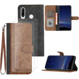 Coque Pour Huawei P30 Lite[2 Pcs Protecteur D'écran],Etui En Cuir Pu Portefeuille Coque Avec Fente Carte,Fonction De Support,Fermeture Magnétique-Brun