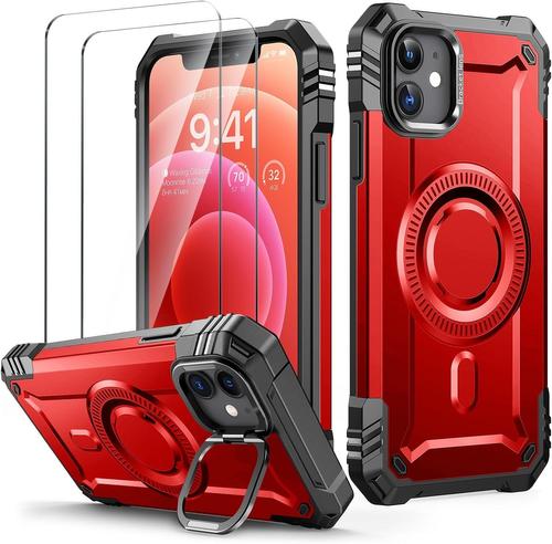 Coque pour iPhone 12, Coque pour iPhone 12 Pro avec 2 Verre Trempé, Magnétique Antichoc Protection Étui pour MagSafe, Support de Caméra Housse pour iPhone 12/12 Pro, Rouge