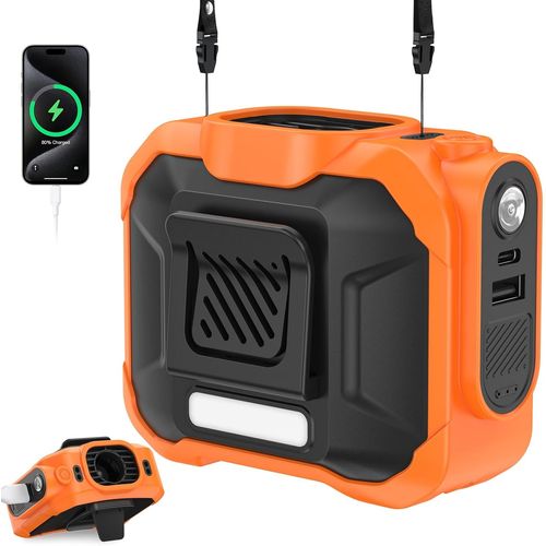 Ventilateur de Taille,Cadeau Fête des Pères,10000mAh Rechargeable,3 Vitesses,Ventilateur de Cou,Powerbank avec Fonction d'éclairage, pour Camping Chantiers de Construct [Orange]