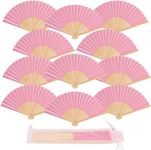 ERYI-12 Pcs Eventail Mariage Eventail Pliant Ventilateur Bois Papier Et Blanc Eventail Japonais Poche Pliante Demoiselles Cadeaux Mariage Fête Decorer Danse Fête Décoration Diy (Rose)