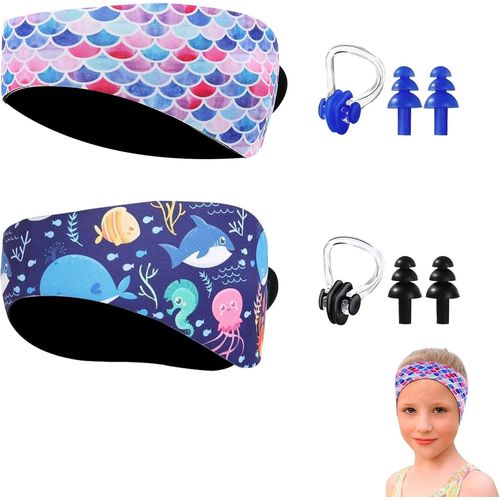 KALANKA-Bandeau de Natation Enfant,2 pcs Bandeau Oreille Piscine Enfant,Bandeau d'oreilles Enfants en Néoprène,Élastique Sport Bandeau avec Bouchon d'oreille Natation,Pince Nez (B, M)
