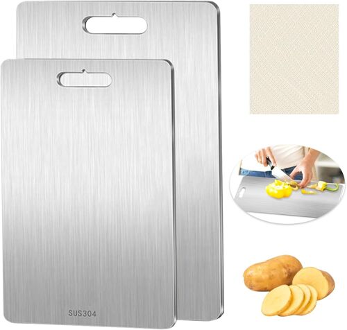 Lot De 2 Planche À Découper En Titane, Planche À Découper En Acier Inoxydable, Titanium Cutting Board, Planche À Découper De Qualité Alimentaire Double Face, Anti-Moisissure, Pour Viande, Fruits