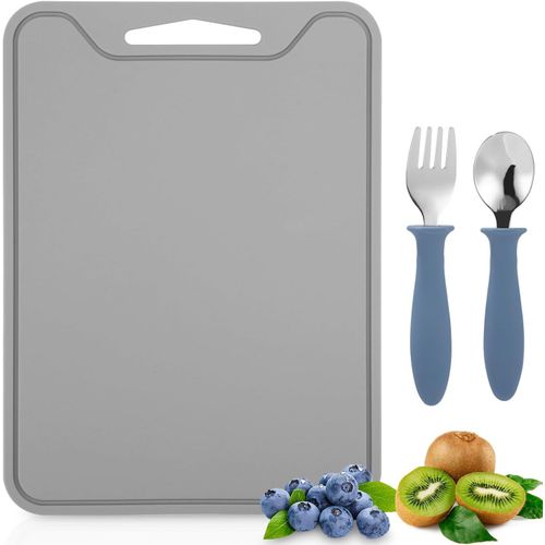 KALANKA-Planche a Decouper, sans BPA, avec Petite Fourchette et Petite Cuillère, Planche à Découper Flexible, passe au lave-vaisselle (Gris)
