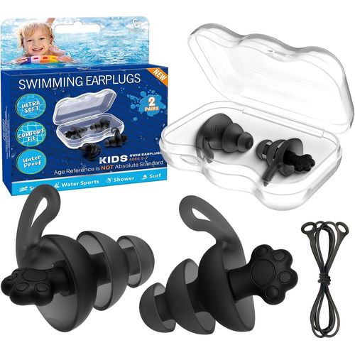 KALANKA-Bouchons d'Oreilles Piscine Enfant 5-7, 2 Paires Bouchons Oreille Piscine Enfant Imperméables Confortables Réutilisables avec Cordon Connecteur en Silicone pour Nageurs, Douche, Bain, Piscin