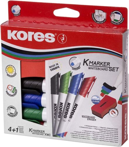 K-Marker Xw1: Marqueurs De Couleur Pour Tableau Blanc À Pointe Ronde, Effaçable À Sec Et À Encre À Faible Odeur, Paquet De 4 Couleurs Assorties + 1 Effaceur Magnétique