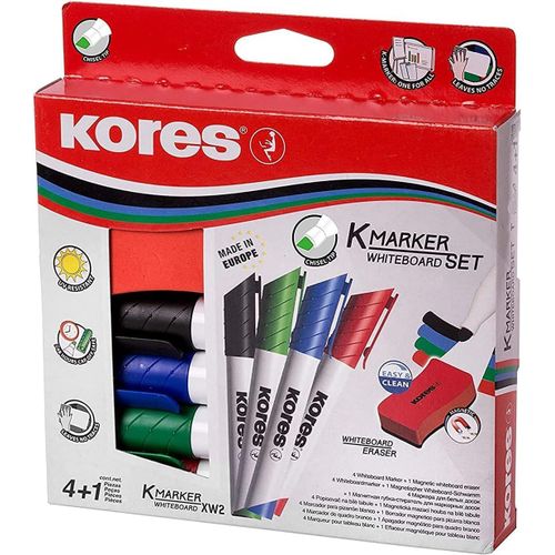 K-Marker Xw2 : Marqueurs De Couleur Pour Tableau Blanc Avec Pointe Biseautée, Encre À Faible Odeur Et Effaçable À Sec, Paquet De 4 Couleurs Assorties + 1 Effaceur Magnétique