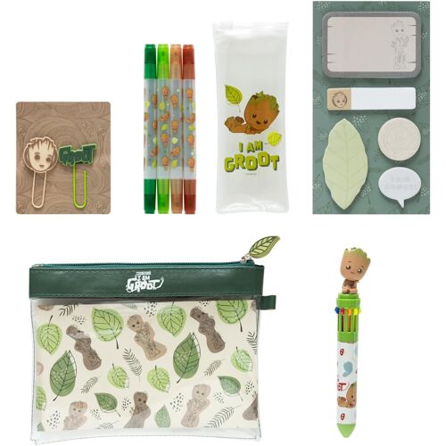 Jexnovashop-Set De Papeterie Groot | Inclut : 1 Stylo 10 Couleurs, 5 Blocs De Notes Adhésives, 4 Surligneurs, 2 Trombones, Trousse | Fournitures Scolaires Kawaii, Papeterie Kawaii