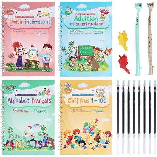 JEXNOVASHOP-Cahiers d'écriture réutilisables à l'encre magique pour enfants - Pour enfants d'âge préscolaire - Modèle de rainures - Aide à l'écriture manuscrite - Version élargie - 4 livres + stylos