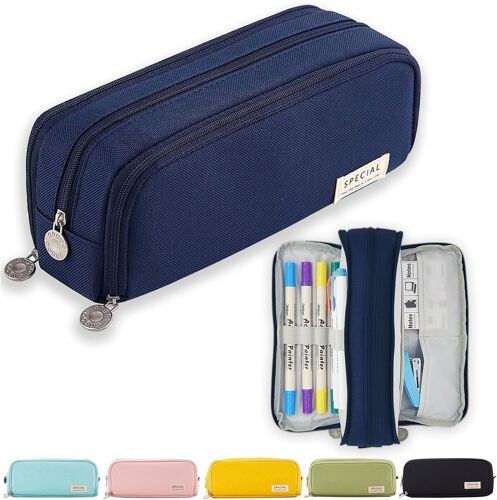 Trousse ¿¿ Crayons Pour Adolescents Et Filles - 3 Compartiments - Grande Capacit¿¿ - Pour L'¿¿Cole Et Le Bureau (Bleu Fonc¿¿)
