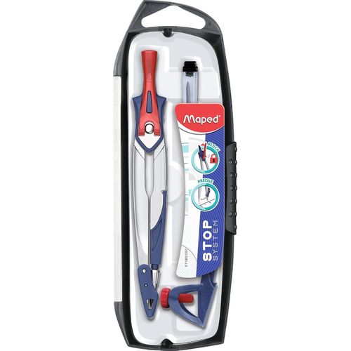 Eryi-- Coffret Compas Scolaire Stop System 3 Pièces Avec Sécurité Protège Pointe Et Mine - Système De Verrouillage Breveté - Bague Universelle + Étui - Dès 10 Ans, Métal