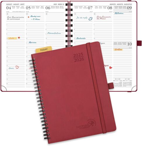 Agenda 2025 2026 Semainier 22 X 16,5 Cm D'août 2025 À Déc 2026, Planner Vertical Scolaire 17 Mois Avec Couverture Souple Spirale, Règle Et Signet, Papier 80g/M², Bourgogne
