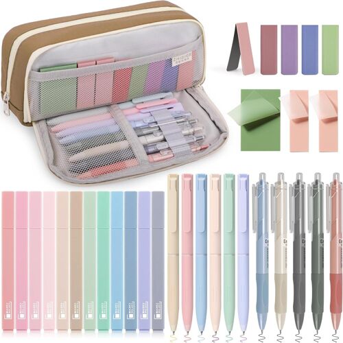 Lot De 32 Fourniture Scolaire Aesthetic Avec Trousse Marron,12 Surligneurs Pastel,6 Stylos Couleur,5 Stylos Noire,5 Signet Magnétiques Et 3 Notes Autocollantes Pour Affaire Scolaire
