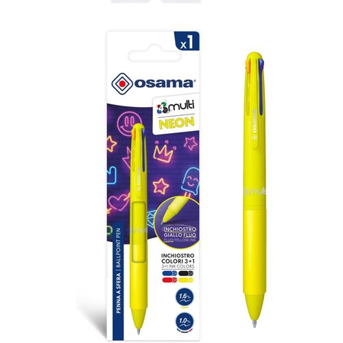 4 Multi Neon - Stylo 4 Couleur Personnalisé, 1 Pièce - Stylo Bille 1 Mm Avec Encre Noire, Bleue, Rouge Et Jaune Fluo (Mine 1.6 Mm) - Stylos Couleur Pour Papeterie, Fourniture Scolaire Et Bureau